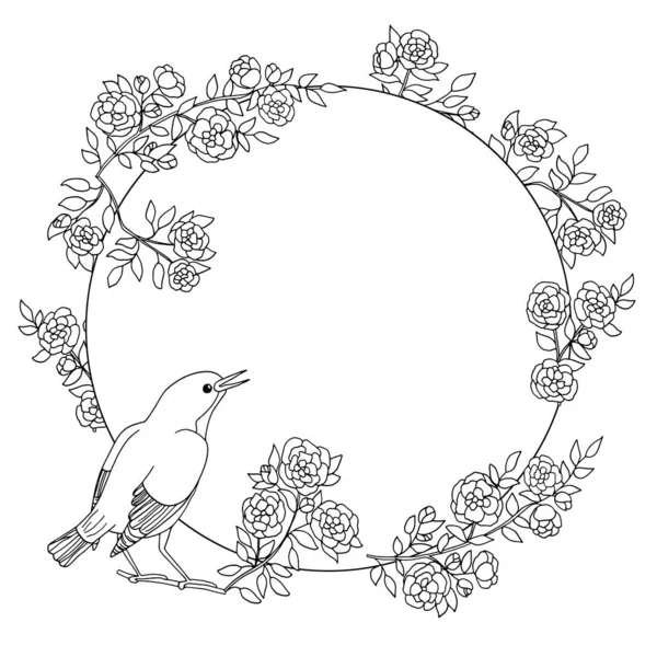Векторна Рамка Намальованими Вручну Птахами Квітковими Гілками Розмальовка Сторінка Дітей — стоковий вектор