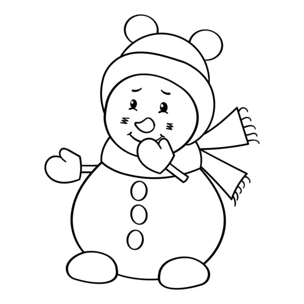 Coloriage Vectoriel Avec Bonhomme Neige Mignon Dans Chapeau Hiver — Image vectorielle