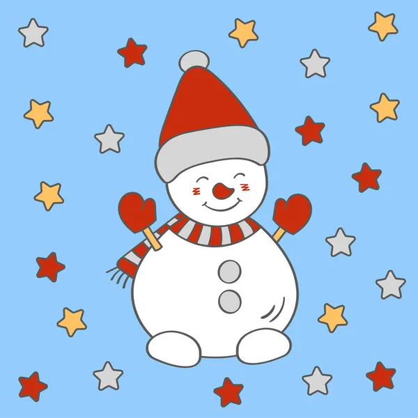 Χαριτωμένο Αστείο Χιονάνθρωπο Χριστούγεννα Ένα Καπέλο Χειμώνα Διανυσματική Απεικόνιση — Διανυσματικό Αρχείο
