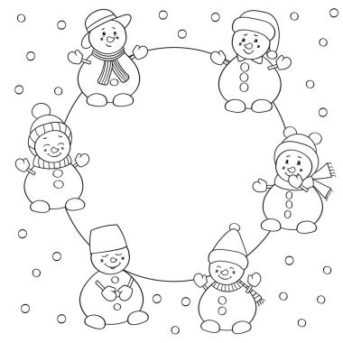 Vektör boyama sayfası, kışlık şapkalı şirin Noel kardan adamlar çerçevesi.