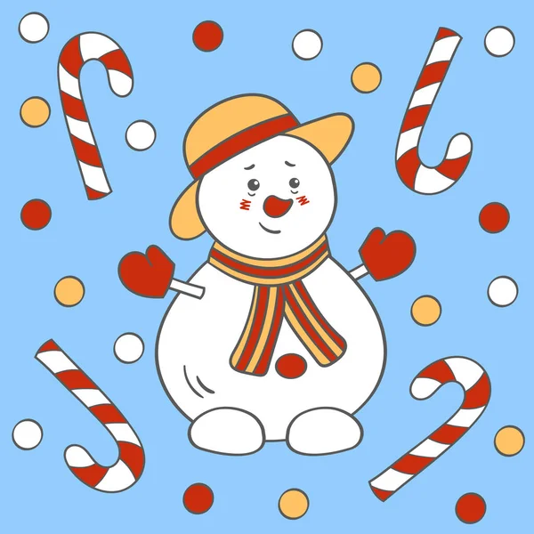 Lindo Muñeco Nieve Divertido Navidad Sombrero Invierno Vector Ilustración — Vector de stock