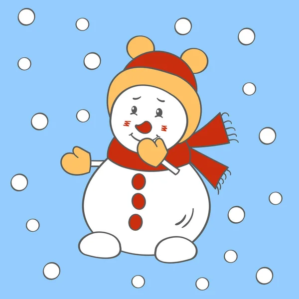 Χαριτωμένο Αστείο Χιονάνθρωπο Χριστούγεννα Ένα Καπέλο Χειμώνα Διανυσματική Απεικόνιση — Διανυσματικό Αρχείο