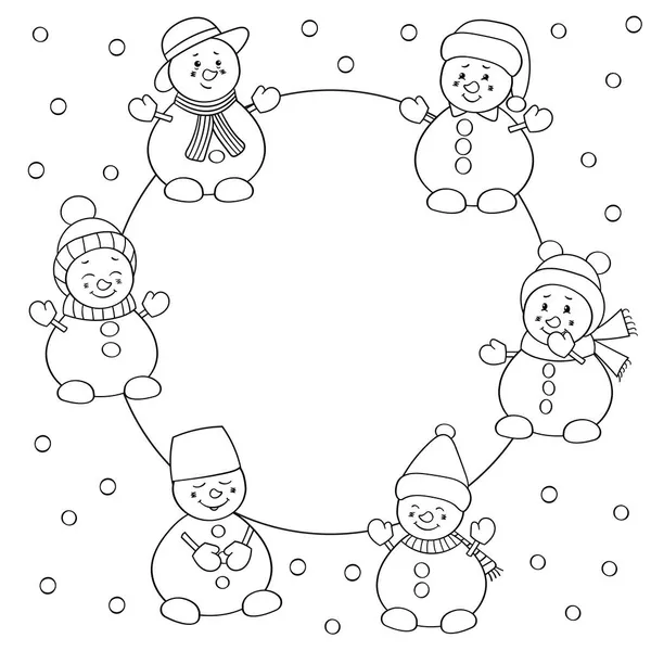 Vektör boyama sayfası, kışlık şapkalı şirin Noel kardan adamlar çerçevesi.