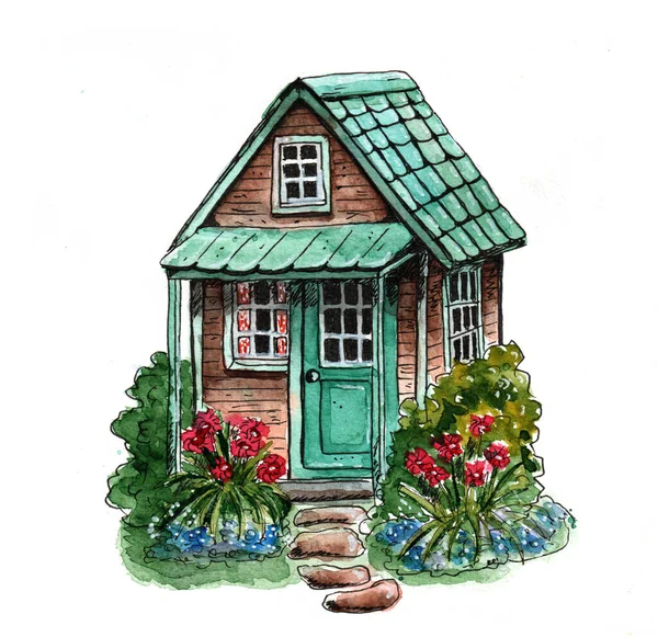 Ładny Drewniany Domek Zielonym Dachem Kwiatami Ilustracja Akwarela — Zdjęcie stockowe