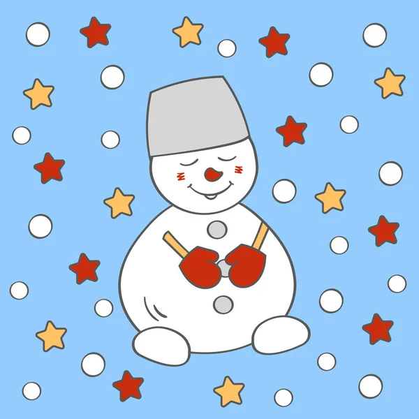 Lindo Muñeco Nieve Divertido Navidad Cubo Mitones Ilustración Vectores — Vector de stock