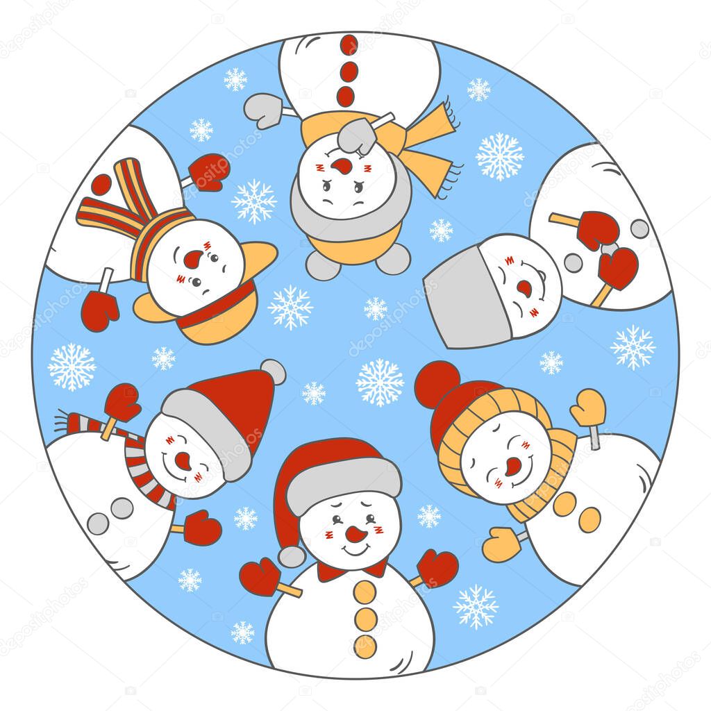 Cute Christmas snowmen in winter hats are looking out of the circle. Vector illustration