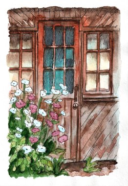 Watercolor illustration, sketch with a wooden door and windows in an old house and flowers in a summer garden