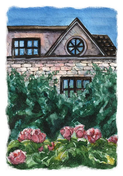 Watercolor Illustration Sketch Cute Brick House Flowers Background Evening Sky — стоковое фото