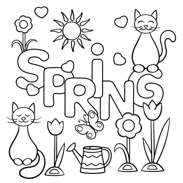 Dibujo Para Colorear Con Palabra Spring Gatos Flores Corazones Sol — Vector de stock