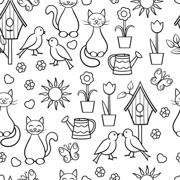 Vector Seamless Pattern Spring Birds Birdhouse Cats Flowers Страница Раскраски — стоковый вектор