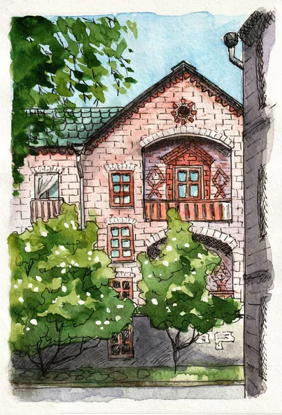 Акварельна Ілюстрація Ескіз Милим Старим Цегляним Будинком Балконами Квітучими Деревами — стокове фото