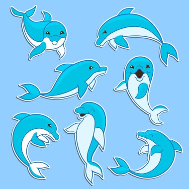 Mavi arka planda sevimli yunusların olduğu çıkartmalar.