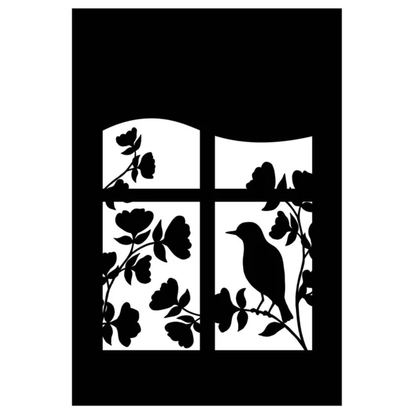 Vector Black Silhouette Bird Flowering Branch Spring Window Frame — Stock Vector