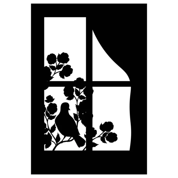 Silhouette Vectorielle Noire Oiseau Chanteur Sur Une Branche Fleurie Printemps — Image vectorielle