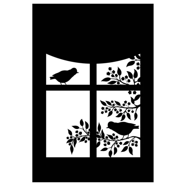 Vector Black Silhouette Songbird Flowering Branch Spring Window Frame — Stock Vector