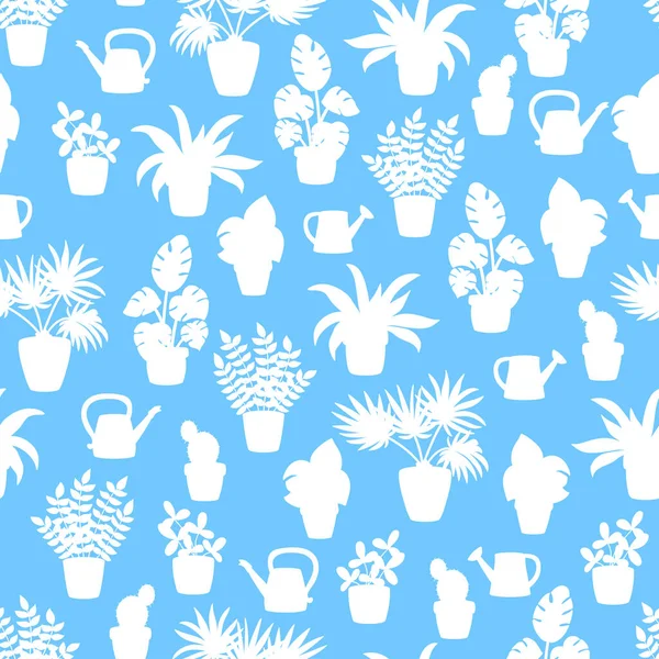 Vektornahtloses Muster Mit Weißen Silhouetten Von Zimmerpflanzen Auf Blauem Hintergrund — Stockvektor