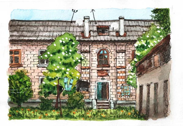 Ilustracja Akwarela Szkic Uroczym Starym Murowanym Domem Balkonami Kwitnącymi Drzewami — Zdjęcie stockowe