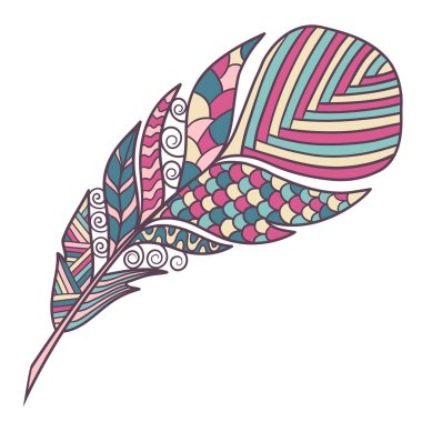 Soyut çok renkli tüy, etnik desenli, zenart tarzı, beyaz arka planda izole edilmiş.