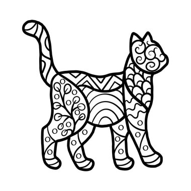 Etnik kalıplara sahip soyut bir kedi. Renkli sayfa, zenart