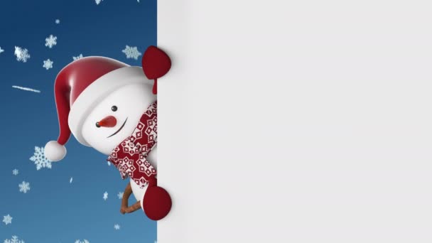 Rolig söt snögubbe i jultomten hatt tittar ut från bakom skärmen viftande hand leende. 3D tecknad Animation Grön Screen Mask. Användbar för din text och bilder. God Jul Gott Nytt År. — Stockvideo