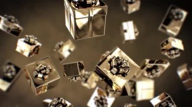 Altın Hediye Kutuları Kusursuz Hareket Ediyor. Noel arkaplanı. Lüks Stil Şenlik Konsepti. Karanlık Arkaplan 4K 'da Düşen Altın Yılbaşı Hediyeleri. Tatil Döngüsü 3d Canlandırması.