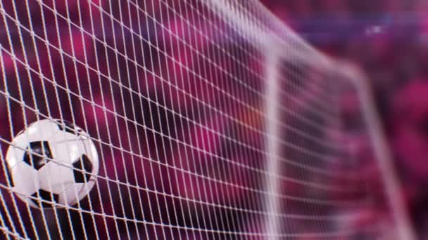 Prachtig voetbaldoel op de World Cup Match Qatar Kleuren. Ball vliegt in Net op Speeltuin in Slow Motion Close-up. Voetbal Spel Leuke 3D Animatie. Sport Concept 4k. — Stockvideo