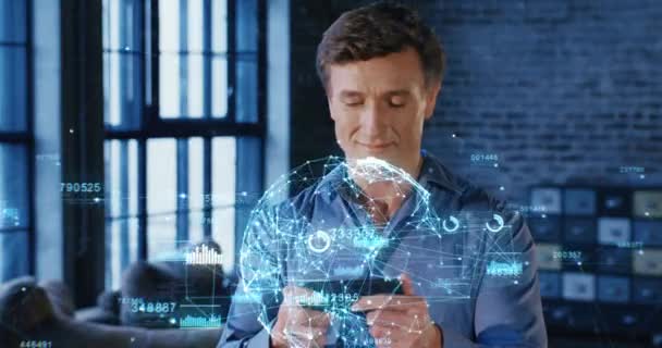 Businessman Using Smartphone with Futuristic Blue Hologram Analyzing Business Data. 3d Animation Technology Concept. 4K UHD 4096x2160. Stok Video Bebas Royalti