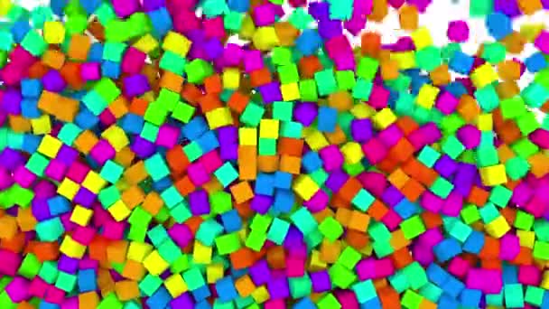 Cubi di giocattoli multicolori che cadono e riempiono il muro arcobaleno della costruzione dello schermo. Divertenti giocattoli per bambini Animazione 3d con maschera alfa. Belle scatole astratte colorate sfondo, transizione, introduzione. 4k UHD. Filmato Stock
