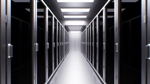 Sala server Centro dati moderno astratto. Information Data Storage, Mining, Rendering, Cloud Computing Business Technology Concept. Muoversi attraverso rack di server Corridoio Bella animazione 3d 4k. — Video Stock