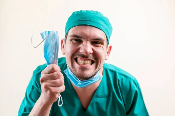Funny Doctor Medical Mask His Hands High Quality Photo — Stock Photo, Image
