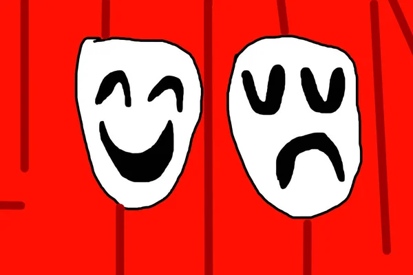 Maski Teatralne Czerwonym Tle Rysunek Dzieci Wysokiej Jakości Zdjęcie — Zdjęcie stockowe
