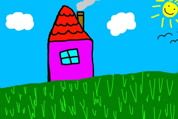 House, with a meadow and a beautiful sky. Children\'s drawing. High quality photo