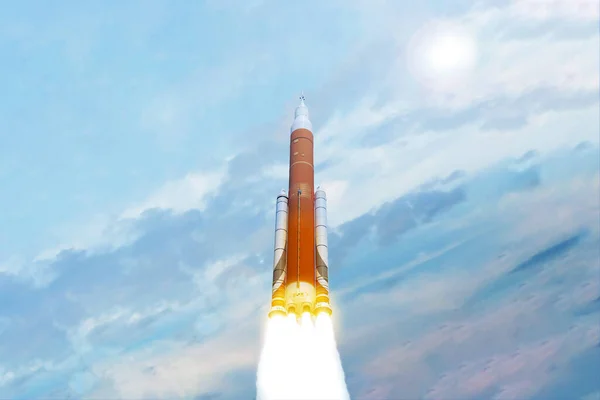 Despegue Cohete Espacial Sobre Fondo Cielo Azul Sol Elementos Esta —  Fotos de Stock
