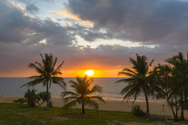 Vista Aérea Paisaje Puesta Sol Sobre Cocoteros Durante Colorido —  Fotos de Stock