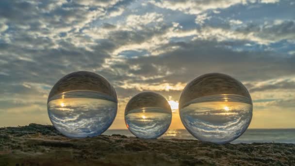 Time Lapse Sunset Sea Three Crystal Balls Place Wood Next — Αρχείο Βίντεο