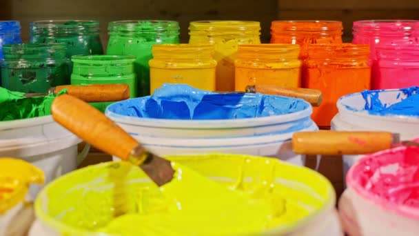 Various Colors Buckets Paints — Stock Video