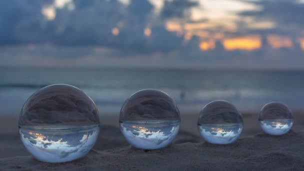 Time Lapse View Sunset Four Crystal Balls Placed Beach Beautiful — Stock videók