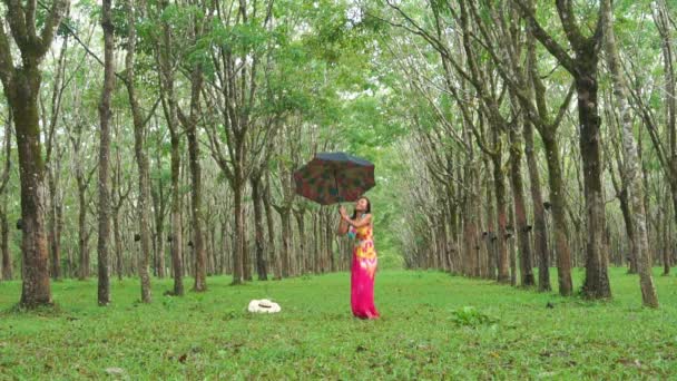 Una Mujer Con Vestido Rojo Lanza Paraguas Túnel Plantación Caucho — Vídeos de Stock