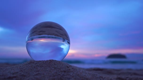 View Beach Sky Sunset Crystal Ball Glass Sunset Sea Crystal — Stock video