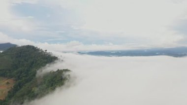 slow floating fog blowing cover on the mountain look like as a sea of mist. beautiful sunrise in the mist background.