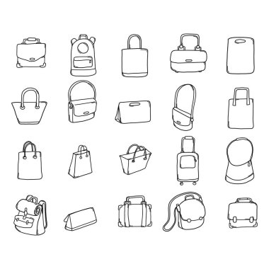 Bags Doodle vektör simgesi ayarlandı. Çizim çizimi el çizimi çizimi çizimi.