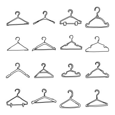 Giysi askısı Doodle vektör simgesi seti. Çizim çizimi el çizimi çizimi çizimi.