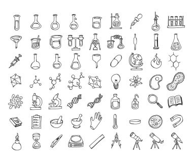 Bilim Doodle vektör simgesi ayarlandı. Çizim çizimi el çizimi çizimi çizimi.