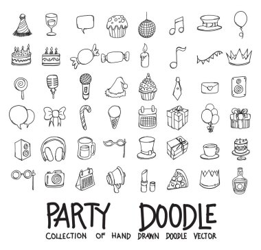 Party Doodle vektör simgesi ayarlandı. Çizim çizimi el çizimi çizimi çizimi.