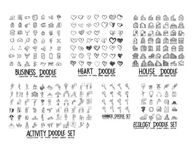 Doodle Vector collection of Business, Heart, House, Activity, Hammer and Ecology.