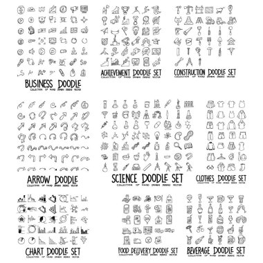 Doodle Vector collection of Business, Achievement, Construction, Arrow, Science, Clothes, Chart, Delivery and Beverage.
