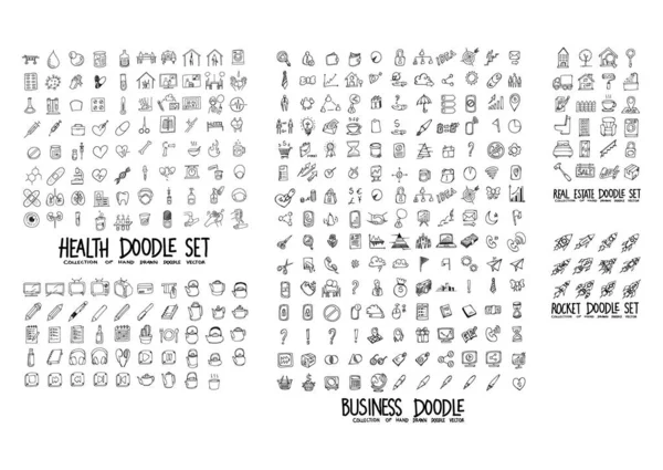 Doodle Vector Sağlık, Etkinlik, İş, Gayrimenkul ve Roket Koleksiyonu.
