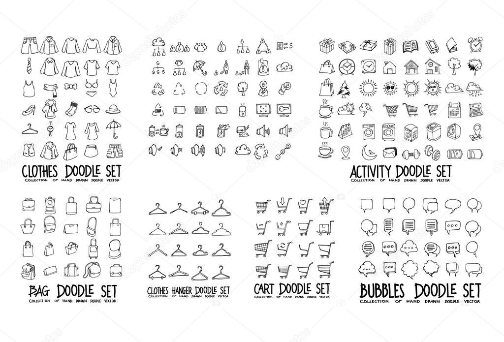 Doodle Vector collection of Clothes, Activity, Bag, Clothes Hanger, Cart and Speech bubbles.