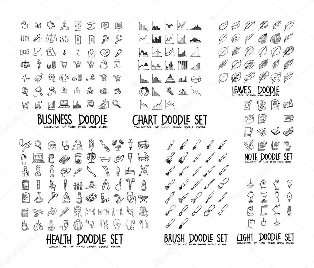 Doodle Vector collection of Business, Chart, Leaves, Health, Note, Brush and Light.