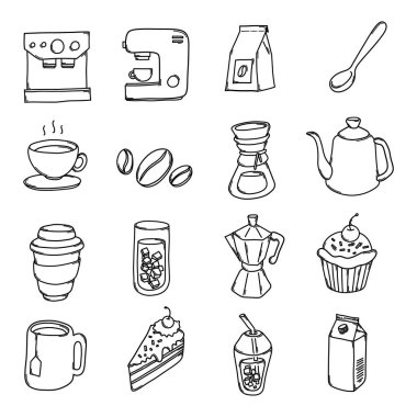 Kahve Doodle vektör simgesi ayarlandı. Çizim çizimi el çizimi çizimi çizimi.